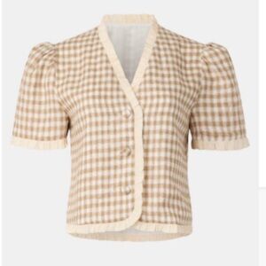 Reformation Beige and Cream Gingham Puff-Sleeve Blouse